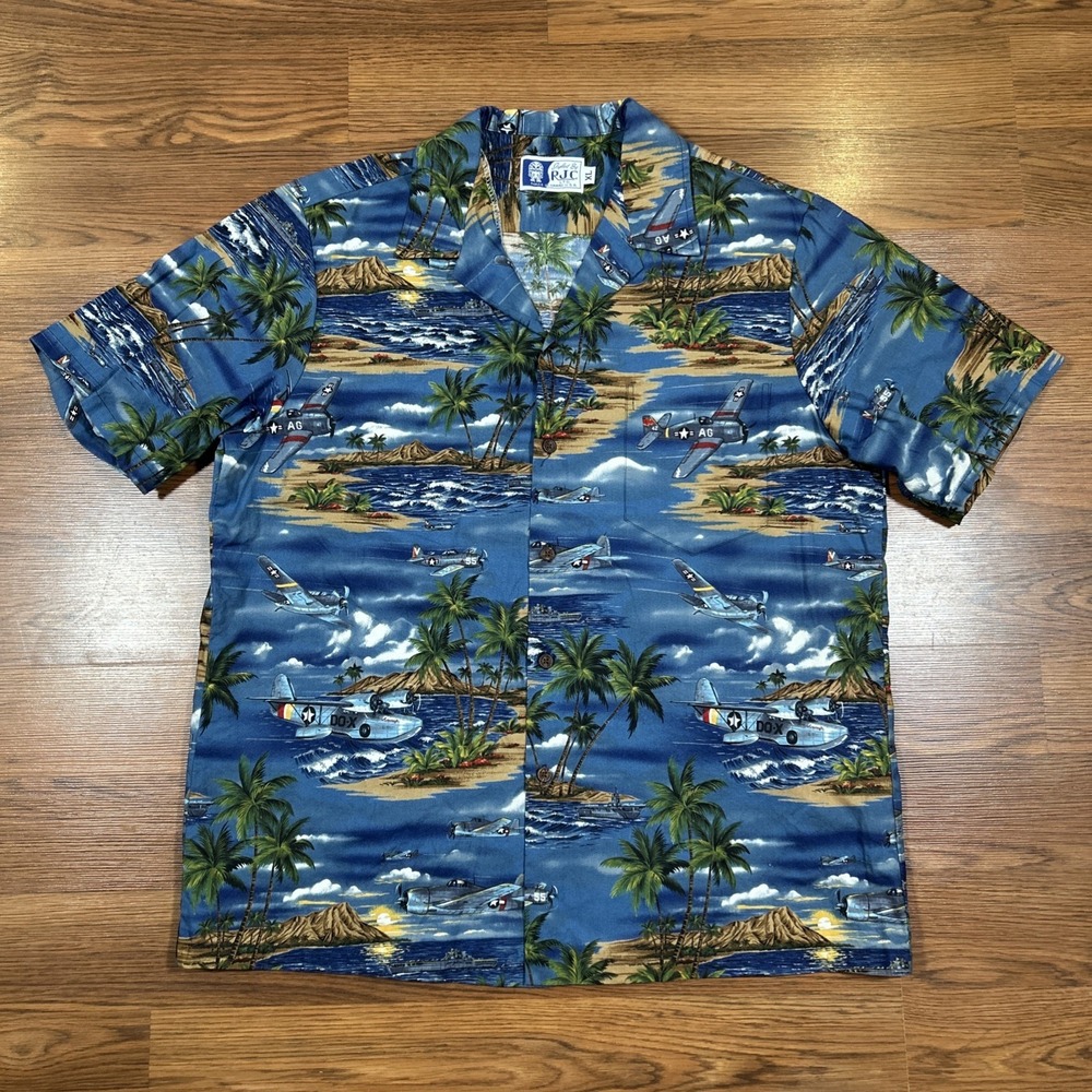 RJC Hawaiian Shirt Mens XL Blue USA Made WWII Fighter Planes Beach Ocean